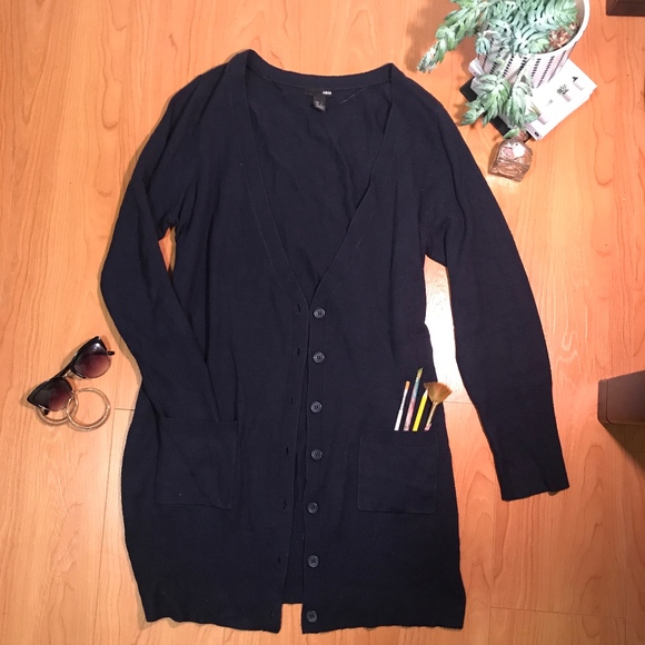 Long Navy Blue Button-Up Cardigan - Picture 1 of 5